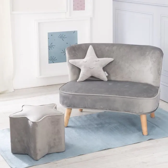 ROBA Canapé et Pouf Enfant Lil Sofa + Coussin Décoratif Étoile - Ensemble en Velours - Gris Argenté-0