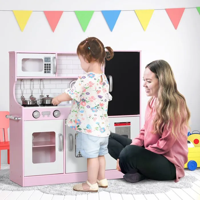 Cuisine enfant AIYAPLAY jouet d'imitation - dinette enfant de 3-8 ans téléphone, tableau noir, micro-ondes, cuisinière, évier, rose-1