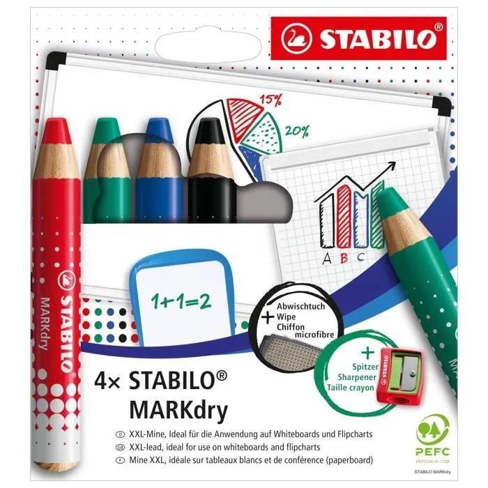 Etui carton x 4 crayons multi-talents STABILO woody 3in1 pour ardoises et tableaux blanc + 1 taille crayon + 1 chiffonnette - noir-0