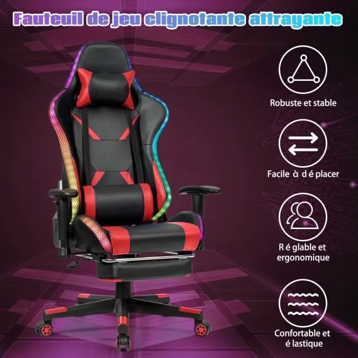 COSTWAY Chaise Gaming RVB , Fauteuil Gamer Éclairage LED 358 Effets en PU avec Dossier, Hauteur et Repose Pieds Réglable Rouge-3