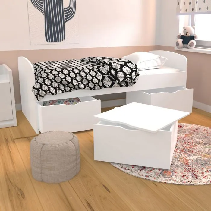 Lit MIA 90x190 + 1 sommier + 2 tiroirs + 1 coffre table basse / Blanc-0