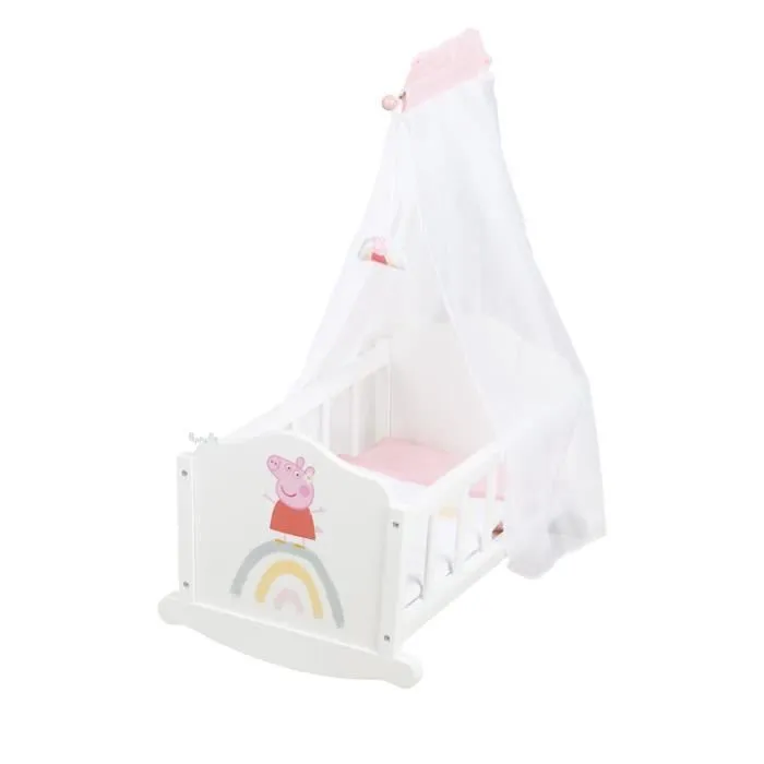 Berceau de Poupée Peppa Pig en Bois - Linge de Lit Inclus - Motif Truie - Nurserie poupon - Blanc - Rose - ROBA-1
