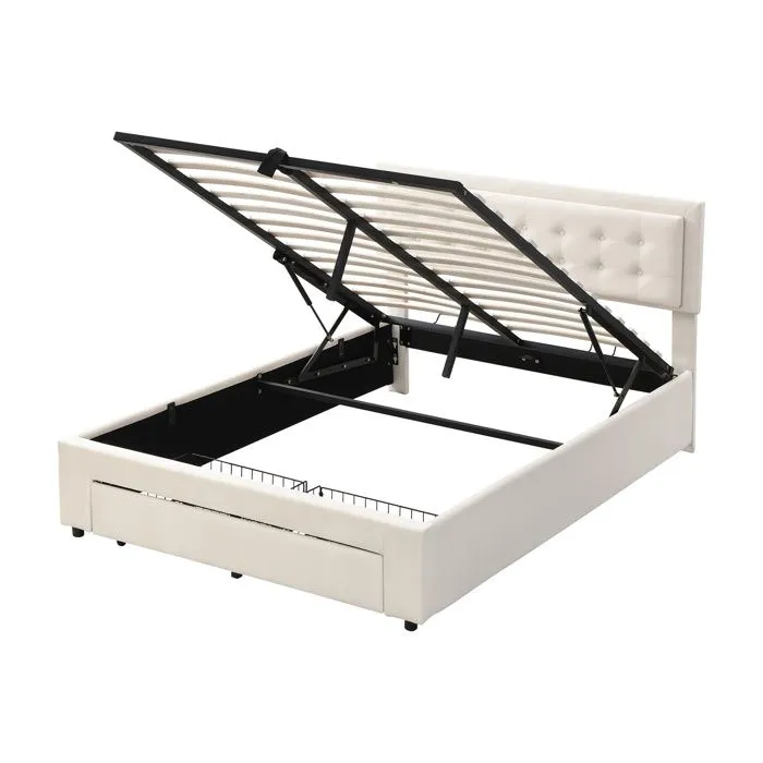 Lit coffre 140×190 cm,Lit rembourré avec sommier à lattes et tête de lit, lit double,beige-4