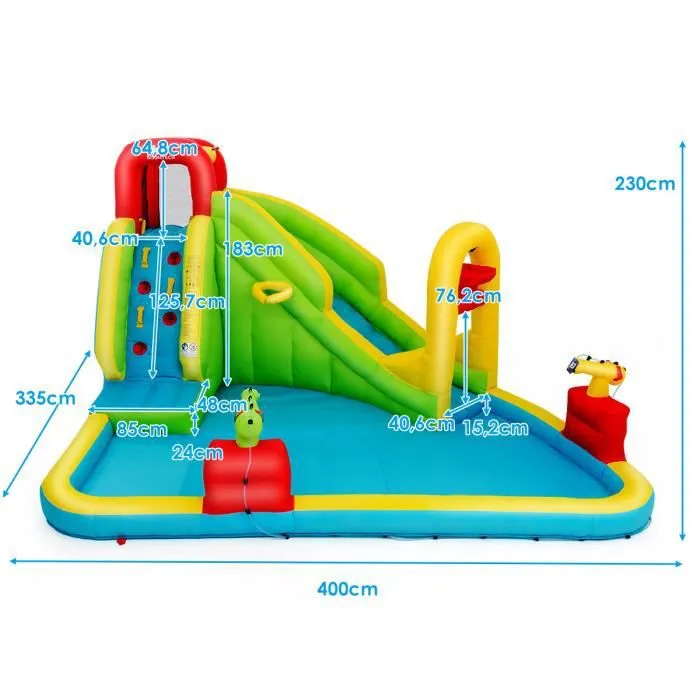 Grande Aire de Jeux Gonflable en Tissu Oxford pour Enfants avec Toboggan,Canon à eau,Panier de basket, Piscine 400x335x230 cm-3