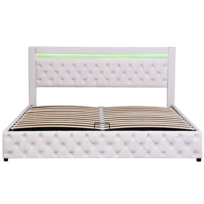 Lit coffre 180x200 cm avec sommier à lattes et LED, tissu PU, blanc-2