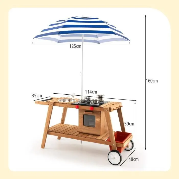 COSTWAY Marchande Enfant avec 6 Accessoires-Voiture Restaurant avec Parasol pour Vendeurs Ambulants Bois 114x48x66CM, Rayures Bleues-3
