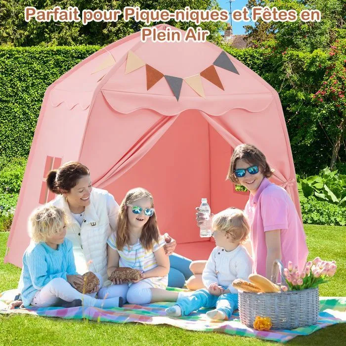 Tente de Jeu pour Enfants COSTWAY-Drapeaux et Guirlandes Lumineuses-Fenêtre Respirante-Lavable en Machine-157 x 98 x 148 cm-Rosé-1
