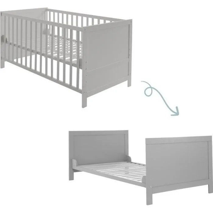 ROBA Lit Bébé Évolutif 70x140 - Réglable en Hauteur - 3 Barreaux Amovibles - Coins de Transformation Inclus - Bois Gris-0