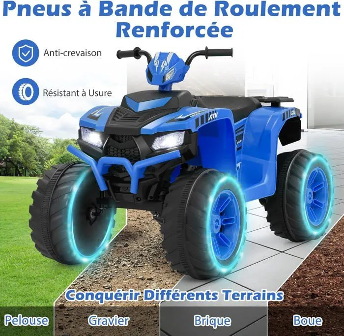 COSTWAY Quad Électrique 24V pour Enfants, avec LED, Musique, Radio, Démarrage en Douceur, pour Différents Terrains, 3 à 8 Ans, Bleu-4