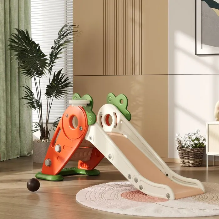 Toboggan pour enfants - AIYAPLAY pliable 3 en 1 avec panier de basket, escalade, usage intérieur ou extérieur, de 1 à 3 ans, orange-2