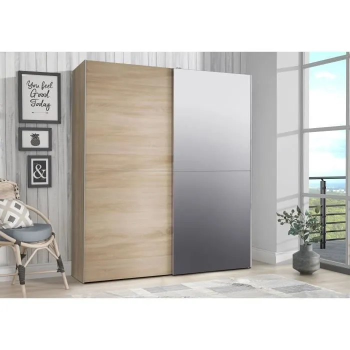 Armoire 2 portes coulissantes avec miroir - Chêne sonoma - L 170,3 x P 61,2 x H 190,5 cm - ULOS-2