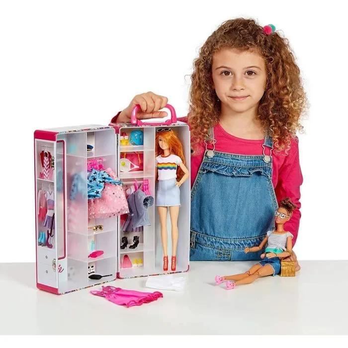 Mallette Armoire Barbie - Klein - Pour Vêtements et Accessoires de Poupées - Rose et Multicolore-2
