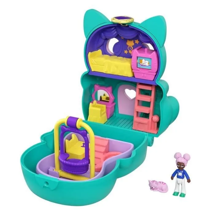 Polly Pocket - Coffret transformable Chat, avec mini-poupée, figurine de chat et surprises - Mini-Poupée - Dès 4 ans-2