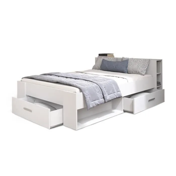DEMEYERE Lit adulte contemporain blanc perle + tête de lit - l 160 x L 200 cm - OXYGENE-0
