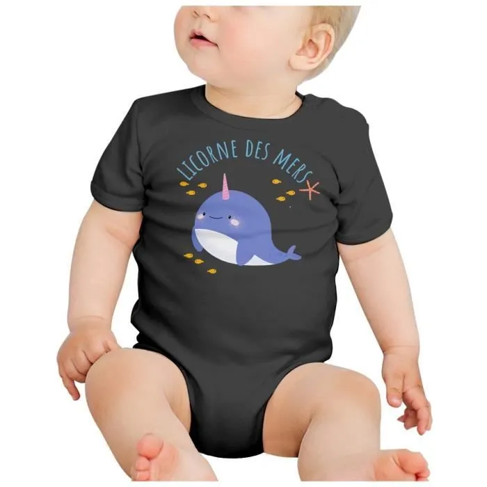 Body Bébé Manche Courte Noir Licorne des Mers Narval Dessin Illustration Mignon-1