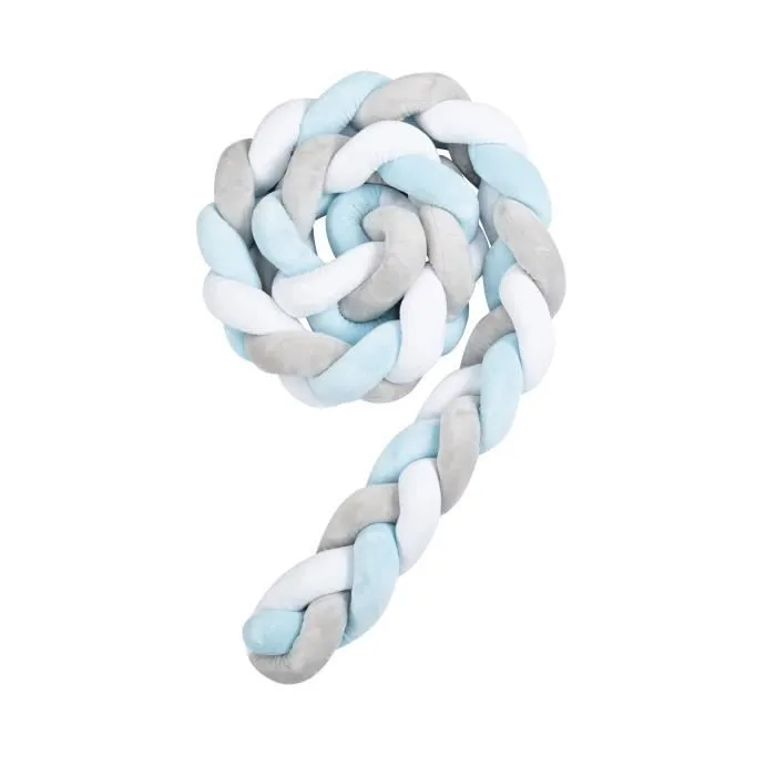 Tour de lit bebe 150 cm - tour de lit tresse bebe fille et les garçon coussin serpent bébé Bleu clair-blanc-gris-0