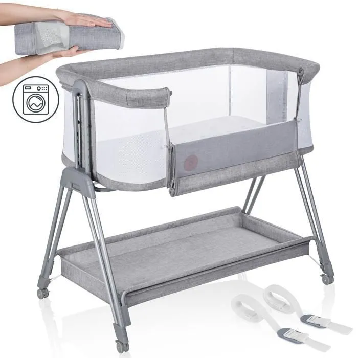Lit cododo LIONELO Luna - 4 x Roulettes -Matelas inclus - Jusqu'à 9 kg - Hauteur et inclinaison réglables - Gris-0