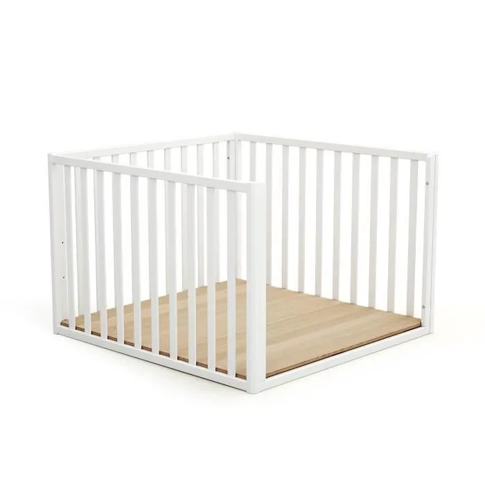 AT4 - Parc bébé évolutif cabane avec toit CONFORT en bois - Blanc et Hêtre Verni - 100x100-3