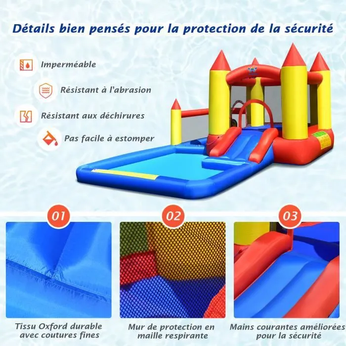COSTWAY Toboggan Aquatique Gonflable Gonfleur 480W Zone de Saut,Pataugeoire,Piscine à Balles,Panier de Basket-ball,Jeu de Lancer-2