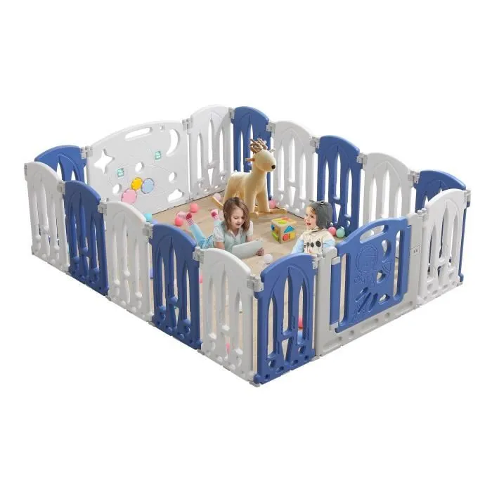 UISEBRT Clôture de Jeu en Plastique avec Porte et Planche à Jouets, Grille de Protection pour Enfants (16 Panneaux, Bleu + Blanc)-0