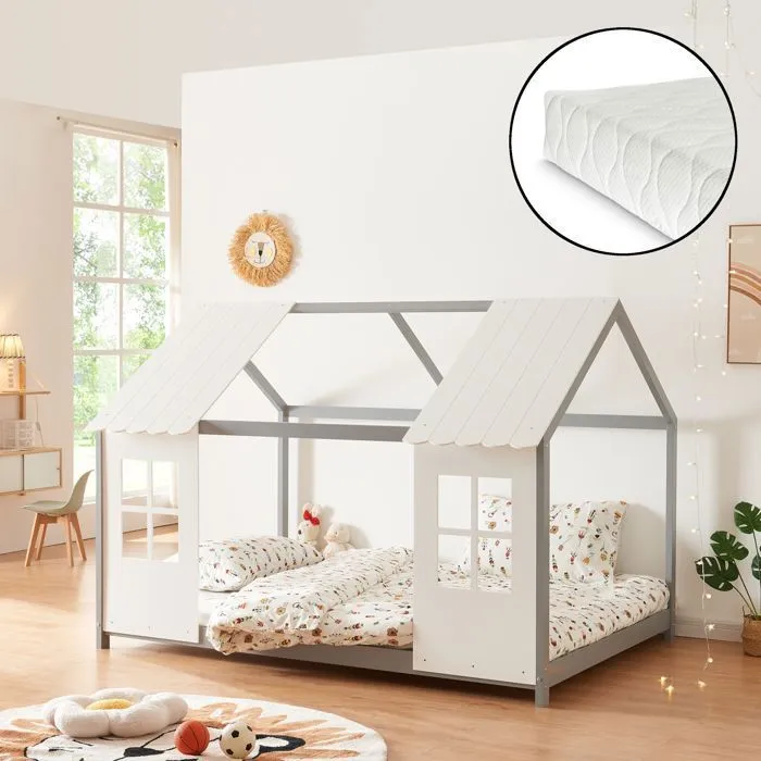 Lit cabane Tostedt pour enfant 120 x 200 cm avec matelas sommier à lattes bois de pin vert menthe blanc [en.casa]-0