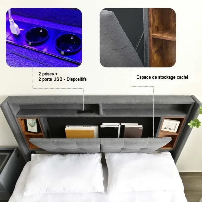 Lit adulte 140x200 cm - Tête de lit avec rangement , LED et ports USB - Sommier inclus - Gris-2