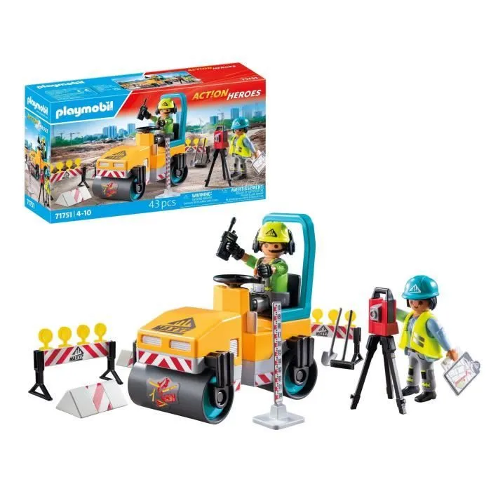 PLAYMOBIL 71751 Ouvriers avec rouleau compresseur et signalisation, Action Heroes, La construction, 43 pièces, Dès 4 ans-5
