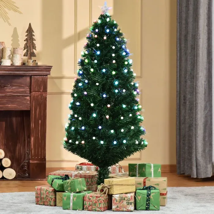HOMCOM Sapin de Noël Artificiel Lumineux 150H cm Fibre Optique LED 170 Ampoules Multicolores 170 Branches étoile Sommet-2