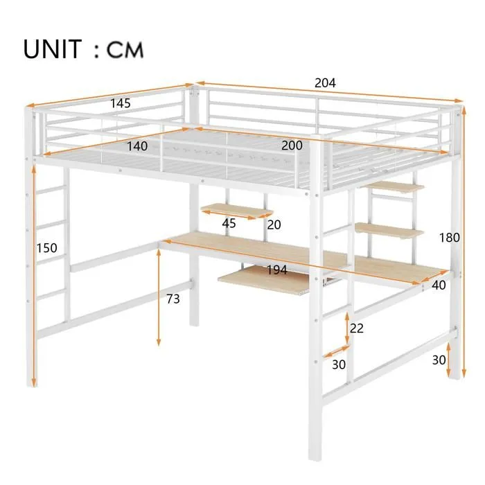 Lit mezzanine 140x200cm - avec bureau et étagères - cadre en métal - Blanc-4