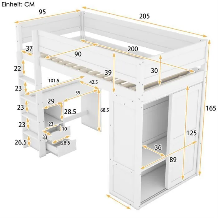 Lit mezzanine 90x200cm - DREAMMESPACE - Modèle - Armoire - Bureau - Tiroirs - Échelle - Sommier à lattes - Pin - Blanc-3