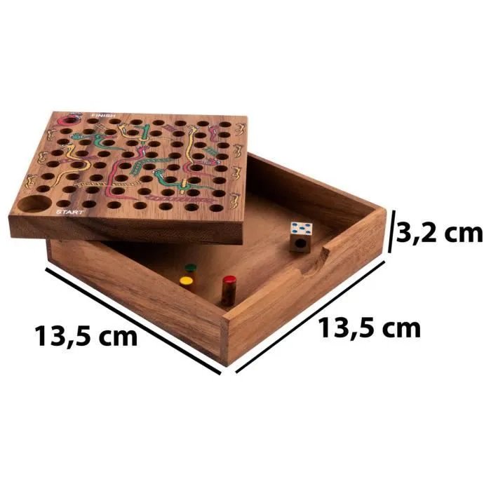 Engelhart - Jeu du serpent et échelle dans un coffret en bois - jeu de voyage 4 ans et plus - 2 à 4 joueurs 13,5 x 13,5 x 3,5 cm-1