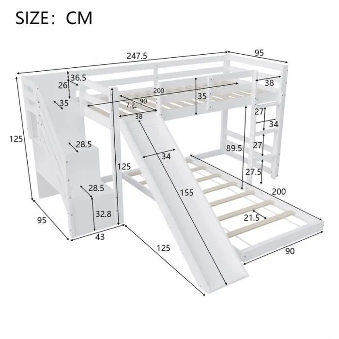 Lit superposé - Enfant - 90x200cm - Blanc - Échelle et toboggan - Bois massif-3