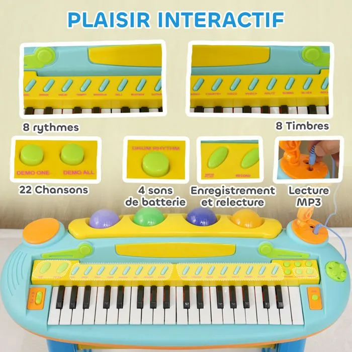 Piano enfant électronique AIYAPLAY 37 touches, avec micro, tabouret, lumière LED, fonction d'enregistrement et de relecture, bleu-5