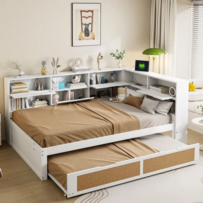 Lit gigogne - Canapé-lit - 140x200cm + 90x190cm - Bois massif - Blanc - Rangement intégré-5