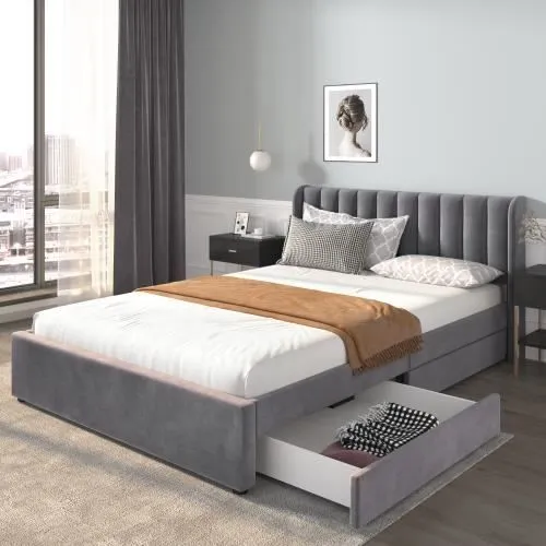 Lit Coffre Adulte 140 x 200 cm - MERAX - Style Scandinave - Avec Tête de Lit et 2 Tiroirs-0