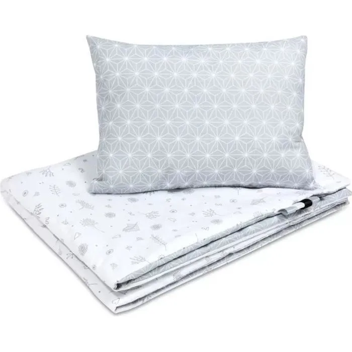 Bellochi Set de Couette Bebe 75x100 cm et Coussin Enfant 30x40 cm - Réversible et Lavable - 100% Coton - Bleu-0