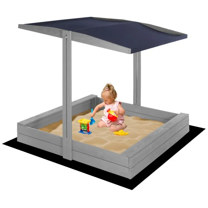 Bac à sable en bois avec toit - Springos® - 120 x 120 cm - Imprégnation à base d'eau - Gris - Bancs intégrés-0