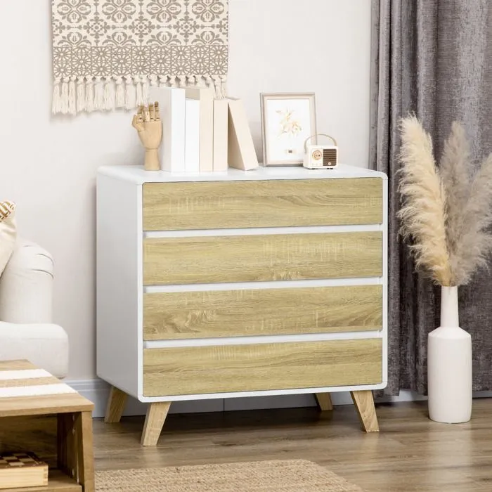 Commode - HOMCOM - 4 tiroirs - design scandinave - pour couloir, chambre, salon - 80 x 40 x 79,5 cm - blanc et aspect bois-2