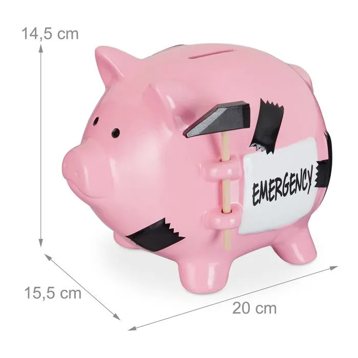 Relaxdays Tirelire cochon avec marteau, inscription « Emergency », verrouillable, céramique, HLP : 14,5x15,5x20 cm, rose-3