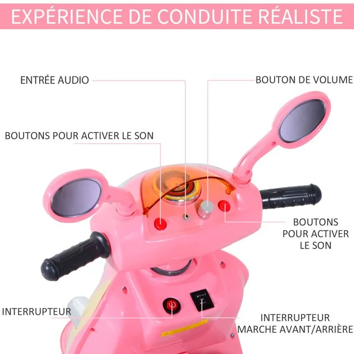 Moto scooter électrique pour enfants 6 V env. 3 Km/h 3 roues et topcase effet lumineux et sonore rose-5
