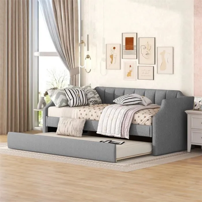 Lit gigogne 90x200cm-180x190cm, lit simple rembourré à roulettes Canapé-lit extensible avec sommiers à lattes en bois - Gris-1