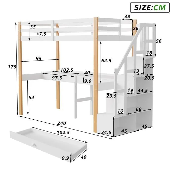 Lit mezzanine 90x200cm - lit enfant avec sommier à lattes, échelle avec étagères de rangement et bureau avec é tiroirs - Naturel-3