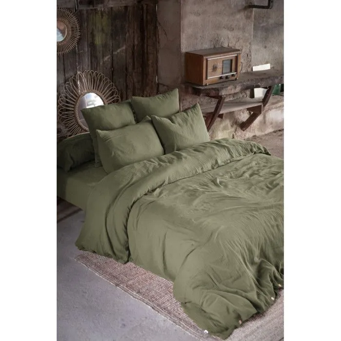 Parure de draps 5 pièces 1 Drap plat 240 x 300 + 1 Drap housse 140 x 190 + 2 Taies 60 x 60 + 1 Taie de Traversin Gaïa Romarin-1