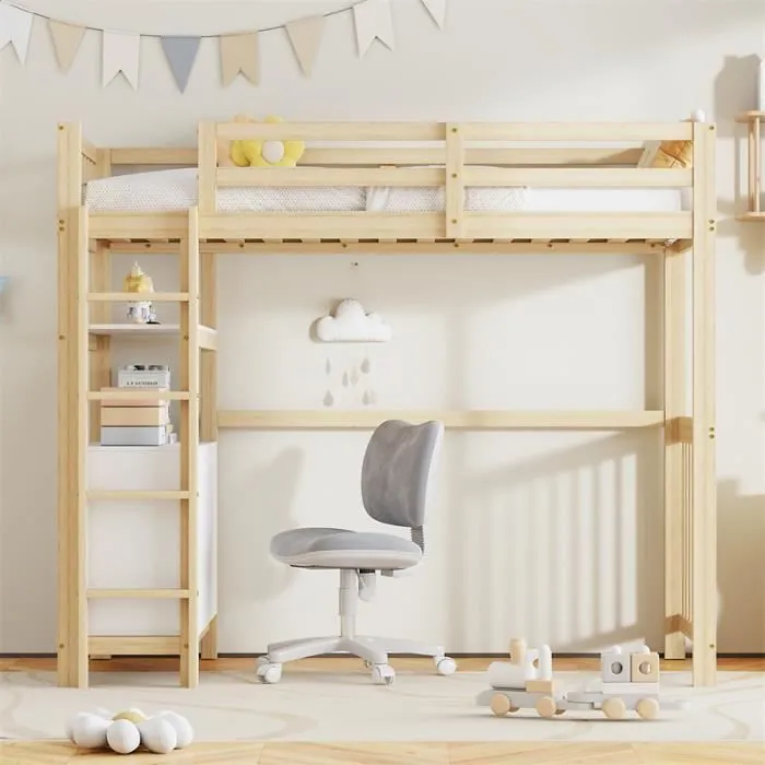 Lit mezzanine - Enfant - 90x200cm - Bois de pin - Échelle de sécurité - Tiroirs de rangement-1