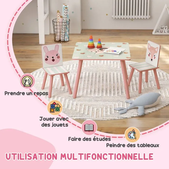 Ensemble table et chaises pour enfants - ZONEKIZ - motif animaux - pour chambre à coucher salle de jeux - pieds en bois - rose-4