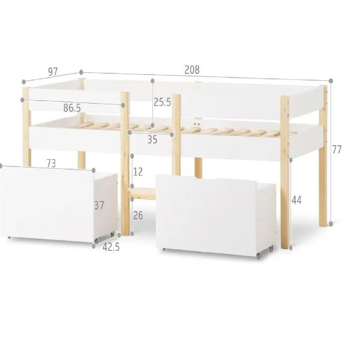 Lit mi-hauteur 90 x 200 cm enfant avec 2 maxi tiroirs - Blanc-Bois - Lit enfant avec sommiers à lattes - MERAX-3