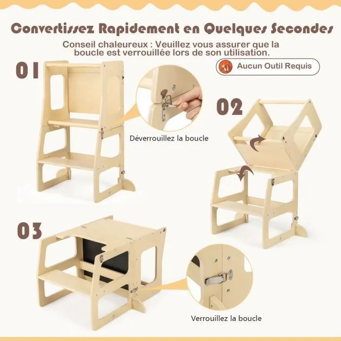 COSTWAY Tour d'Apprentissage Montessori en Bois Evolutive 3 en 1-Tableau à Craie-Tabouret Bureau-Marches Antidérapantes-12 Mois-60KG-2