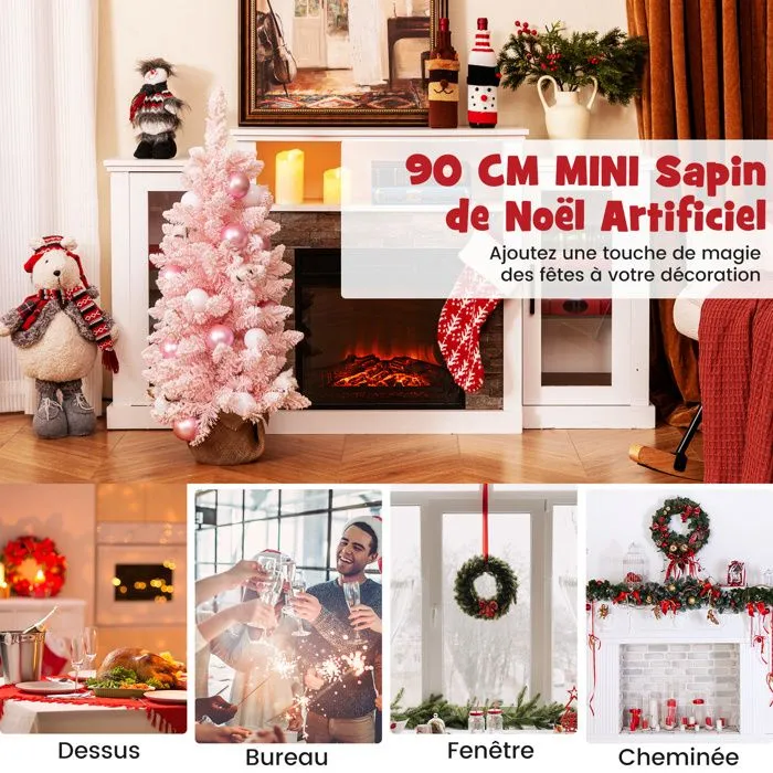 COSTWAY Mini Sapin de Noël Artificiel Pré-décoré 90 cm, 12 Boules de Coton Naturel, 24 Boules Décoratives, Base en Ciment, Rose-3