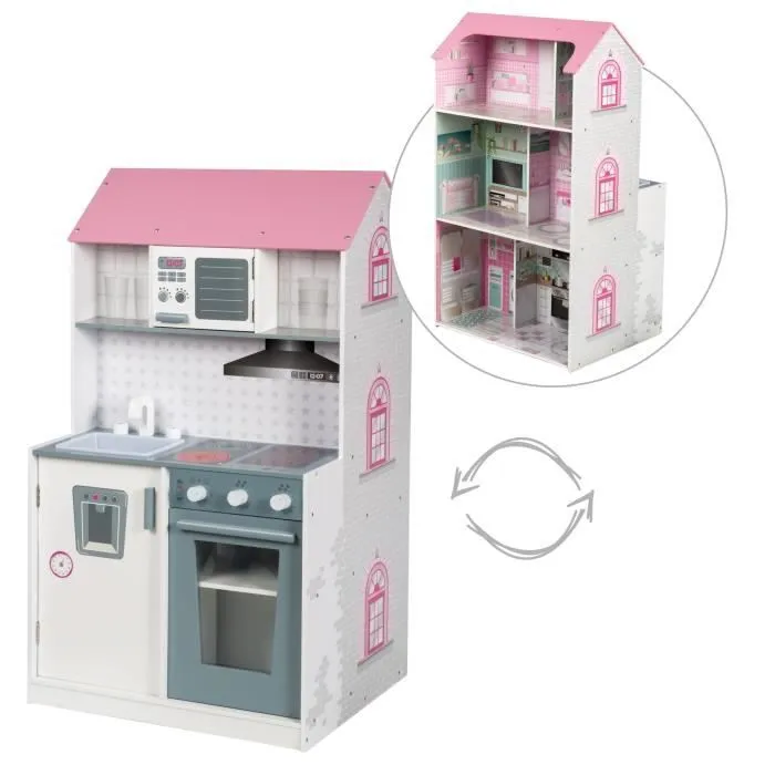 Maison de Poupée et Cuisine Enfant 2en1 - ROBA - Rose / Blanc - 6 Pièces - 32 cm-0