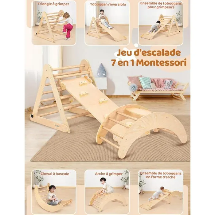 Triangle à Grimper,Cadre à Grimper Pliant Montessori avec Arche de Toboggan, Station de jeux pour Enfants, Bois naturel-3